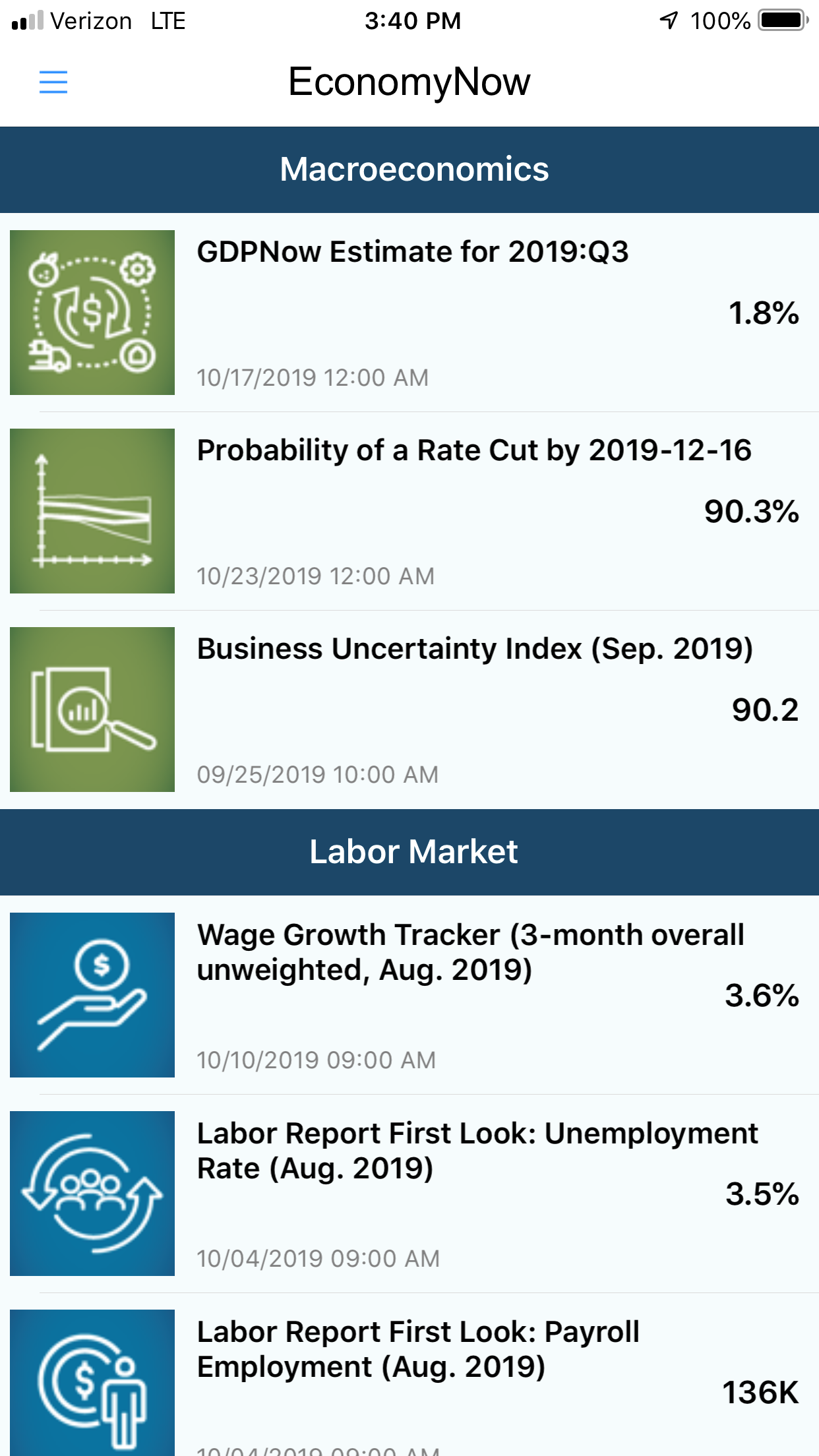 screenshot of the EconomyNow app showing the list of tools