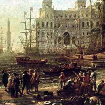 historic painting of trade at harbor