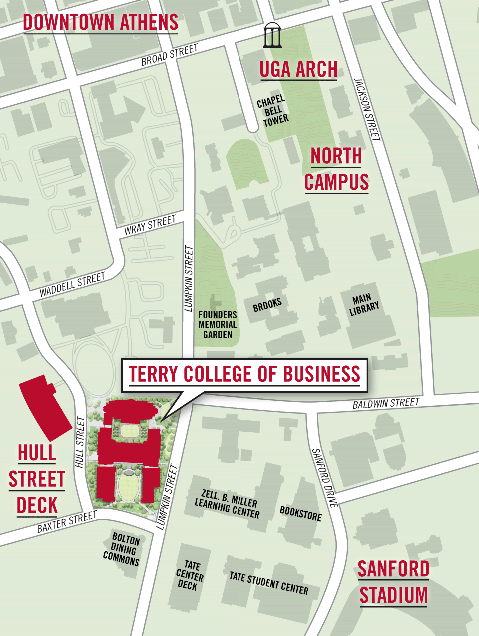 Map of downtown Athens and the Terry College of Business