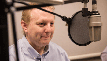Pat Higgins, associate policy adviser and economist, at the recording of a podcast episode.