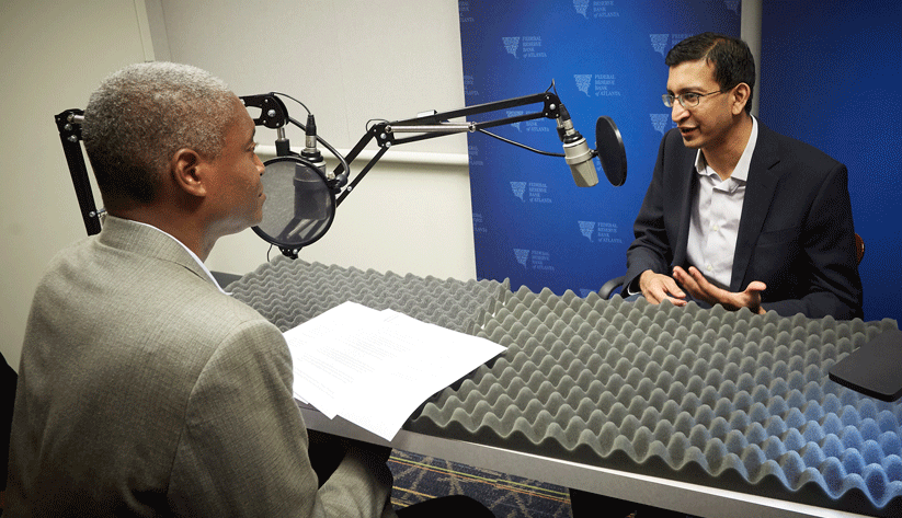 Raphael Bostic, President and CEO of the Atlanta Fed (left) with Raj Chetty, William A. Ackman Professor of Economics at Harvard University, at the recording of a podcast episode.