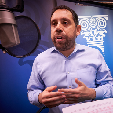 Federico Mandelman, a Research Economist and Associate Adviser in the Research department of the Atlanta Fed, during the recording of a podcast episode